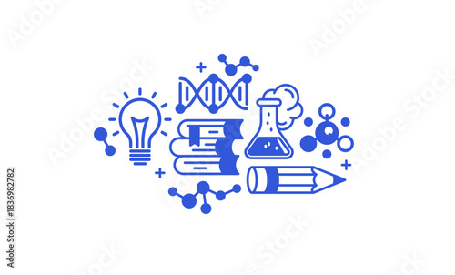 Science vector detailed icon, molecules and atoms laboratory experiment, book university study, flask and tube experiment.