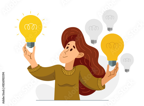 Young woman having a lot of ideas and choosing best one to solve some problem, vector illustration of a young person who is choosing between different ideas which one is working.