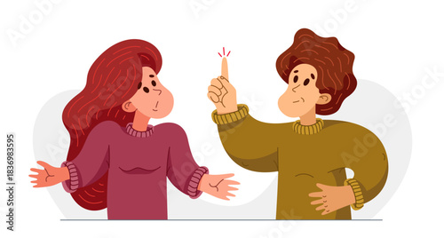 Young man has a good answer to a woman question and doubts, vector illustration of young people helping each other to solve some problem.