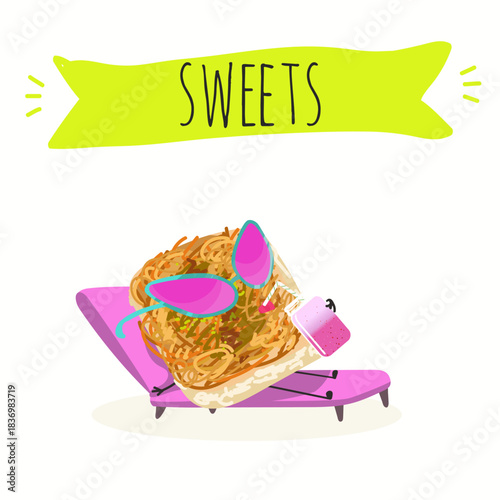 Funny Characters Ekmek kadaif. Turkish,  Eastern sweets. Hand drawn vector illustration.