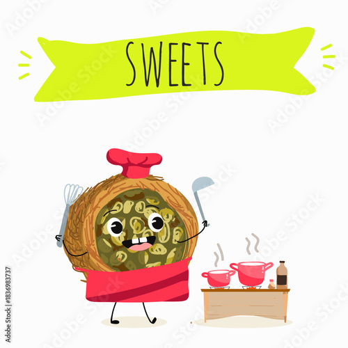 Funny Characters Ekmek kadaif. Turkish,  Eastern sweets. Hand drawn vector illustration.