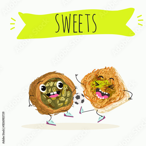 Funny Characters Ekmek kadaif. Turkish,  Eastern sweets. Hand drawn vector illustration.