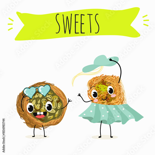 Funny Characters Ekmek kadaif. Turkish,  Eastern sweets. Hand drawn vector illustration.