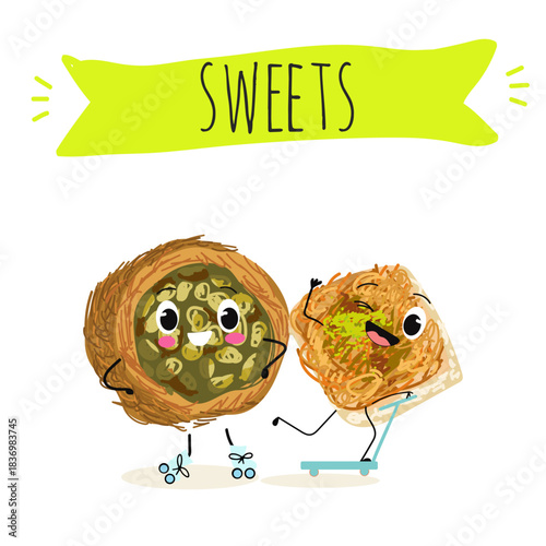 Funny Characters Ekmek kadaif. Turkish,  Eastern sweets. Hand drawn vector illustration.