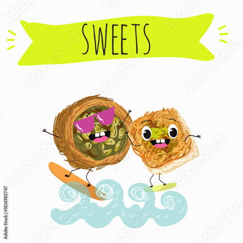 Funny Characters Ekmek kadaif. Turkish,  Eastern sweets. Hand drawn vector illustration.
