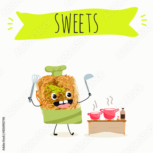 Funny Characters Ekmek kadaif. Turkish,  Eastern sweets. Hand drawn vector illustration.