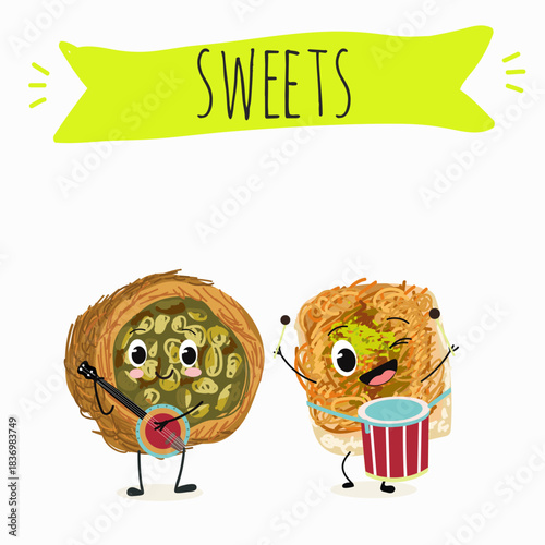 Funny Characters Ekmek kadaif. Turkish,  Eastern sweets. Hand drawn vector illustration.