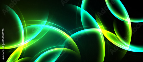 Abstract luminous curves dominate dark background. Vibrant green, yellow, cyan hues create dynamic visual effect. Smooth shapes suggest movement, energy.