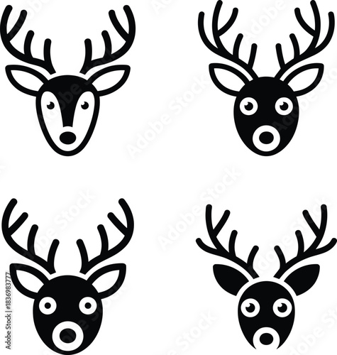 Vector illustration set of wild deer, reindeer, elk, and moose animals with cute cartoon heads, antlers, and silhouettes for Christmas, nature, and hunting designs