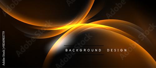 Abstract design features flowing orange lines over black background. Text reads background design. Modern, dynamic visual presentation.