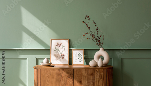 Stunning modern living room decor featuring natural wood, sage green walls, and botanical art accents bathed in sunlight