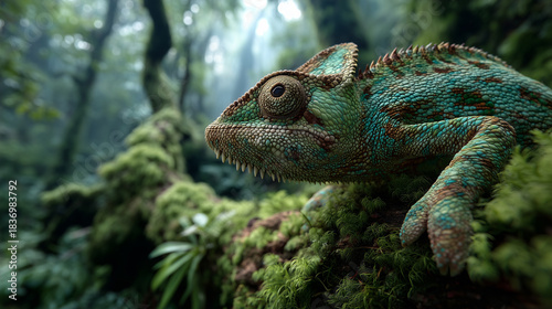 Exotic and beautiful green panther chameleon