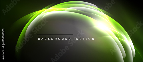 Abstract green light shapes create dynamic background. Smooth curves, glowing effect, modern design elements present.