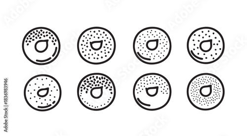 Collection of hand drawn bagel icons various toppings and styles simple line art breakfast food vector