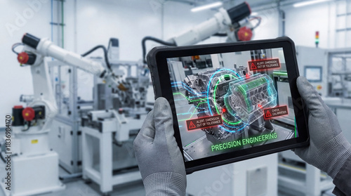 Precision engineering augmented reality inspection showing mechanical component dimension tolerance alerts and calibration check on tablet display