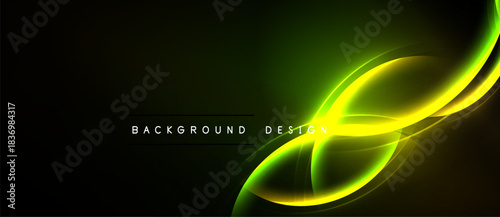 Abstract green, yellow lines form elegant curves. Dark background enhances luminous effect. Modern design element.