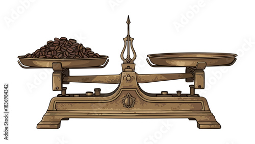 Vintage Brass Balance Scale with Coffee Beans Measuring Quality Weight and Value Concept of Choice and Comparison