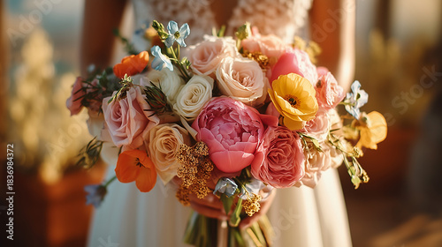The bride, dressed in a white wedding gown, holds a bouquet of flowers.