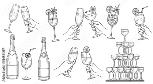Champagne and Cocktail Glasses Illustration Set