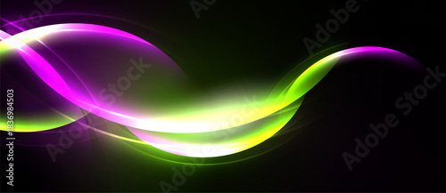 Abstract design features flowing curves, vibrant purple, green hues against dark background. Smooth gradients create dynamic visual effect.