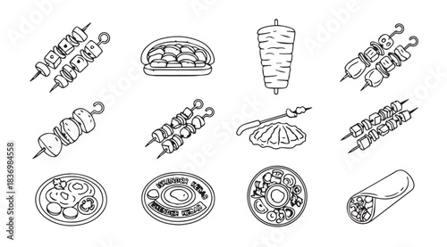 Set of hand drawn middle eastern food icons skewers kebabs shawarma burgers falafel pitbread vector