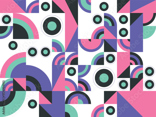 Vibrant abstract geometric pattern with circles and arcs in pink, blue, and mint green colors, modern digital art style