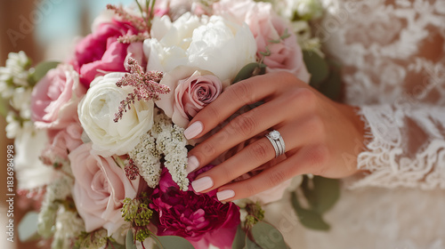 The bride, dressed in a white wedding gown, holds a bouquet of flowers.