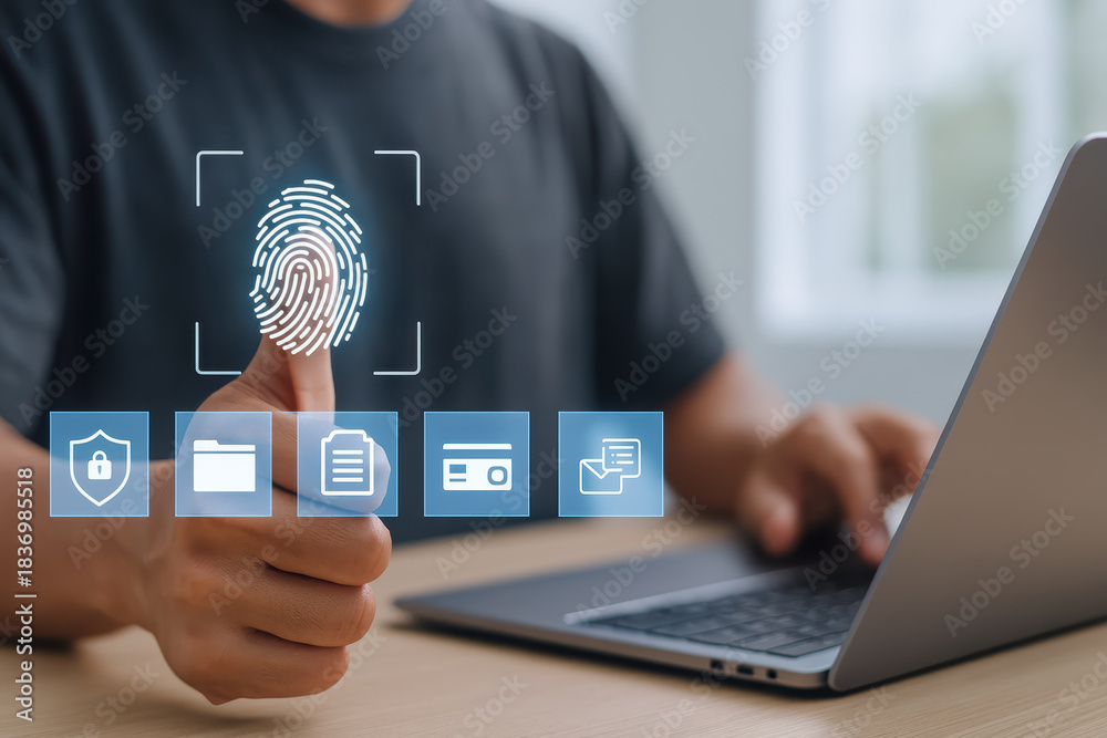 Fototapeta premium Digital fingerprint authentication enhances security and user experience. person is using laptop, showcasing thumbprint icon, symbolizing biometric verification and data protection