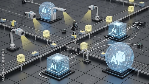 Modern industrial automation with Artificial Intelligence optimizing smart factory production lines and data processing for advanced manufacturing
