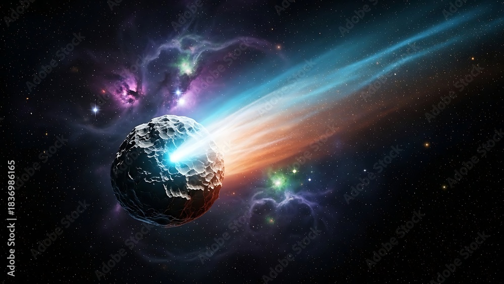 Obraz premium Celestial event a blazing asteroid streaks through the cosmos, leaving a trail of cosmic dust and nebula gases