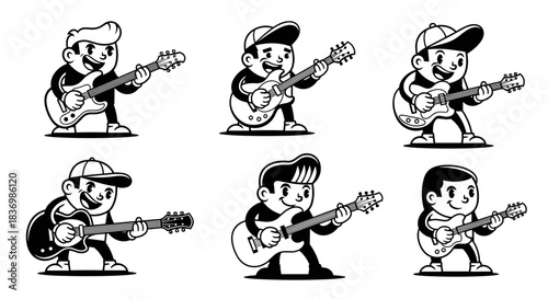 Set of six cartoon characters playing guitars in a vintage style.