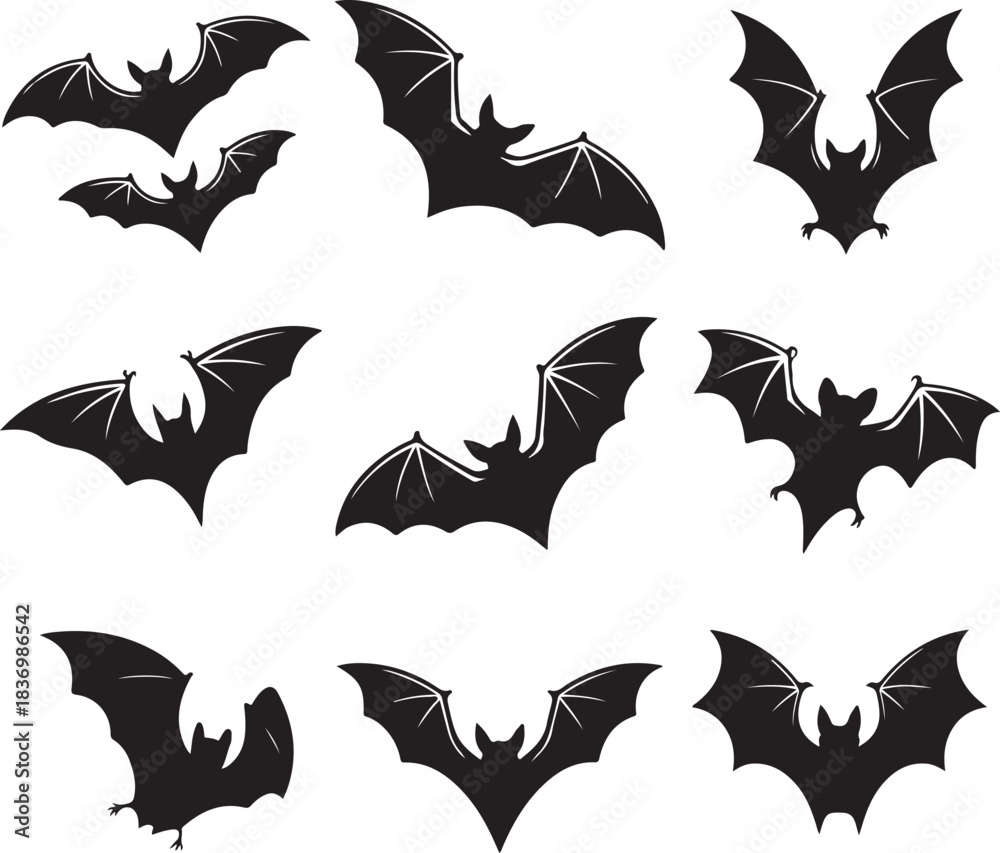 Fototapeta premium Group of stylized bats in various poses on white background vector