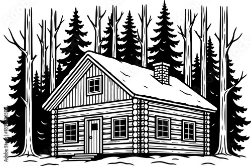 backcountry haven timeless cabin etched in wilderness woodcut art, isolated on transparent background