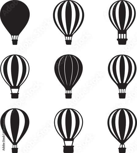 Hot Air Balloons Silhouettes in Black and White Graphic Illustration