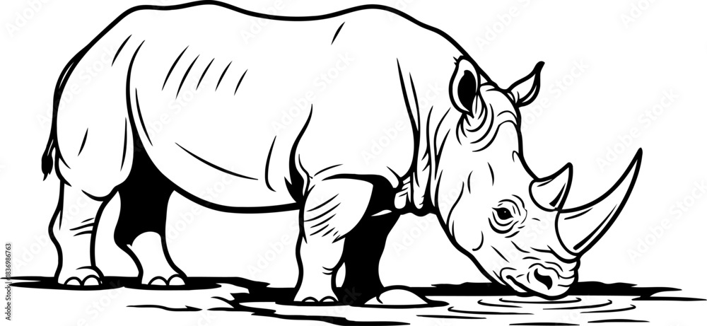 Fototapeta premium earths guardian powerful rhinoceros embracing lifes source, rendered in distinctive line art, isolated on transparent background