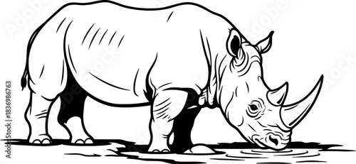 earths guardian powerful rhinoceros embracing lifes source, rendered in distinctive line art, isolated on transparent background