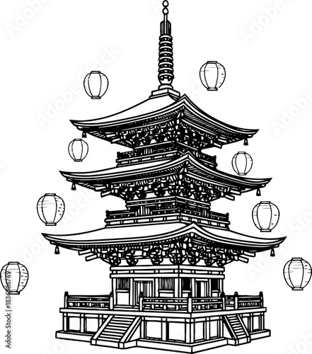 eastern ascent a beacon of heritage illuminated by whispering sky lanterns, isolated on transparent background