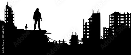 echoes of a fallen world a solitary figure surveys urban ruin, isolated on transparent background