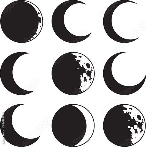 Lunar phases black and white vector illustration representing moon cycle astronomy
