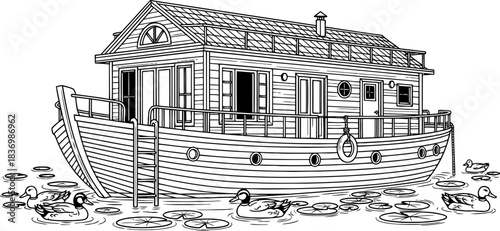 floating sanctuary a tranquil home embraced by natures gentle rhythm, isolated on transparent background
