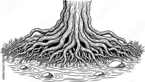 lifes subterranean anchor where tree roots drink deep from earths veins, isolated on transparent background