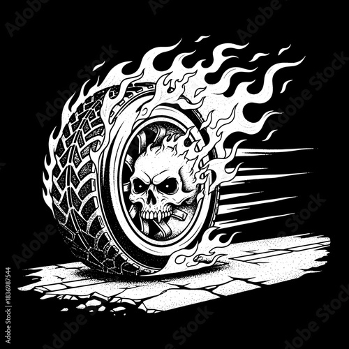 Burning Tire with Skull and Flames.