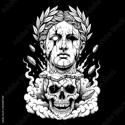 Cracked Ancient Statue Head and Skull with Laurel Wreath.