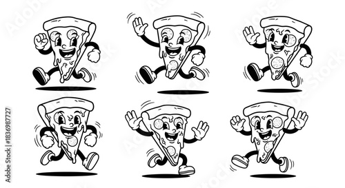 Retro Cartoon Pizza Slice Character Set.