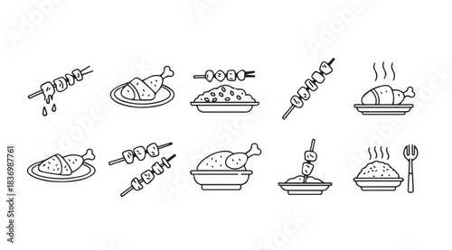 Hand drawn food icons for meat dishes kebabs chicken plates and grilling concepts vector