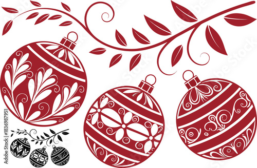 Easter eggs with floral patterns and a red glass Christmas ornament bauble