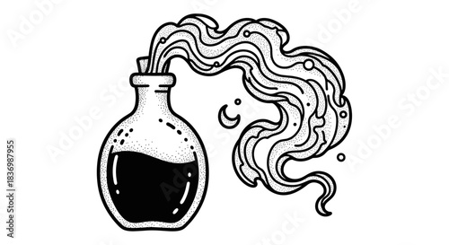 Mysterious Potion Bottle Emitting Swirling Smoke and Bubbles.