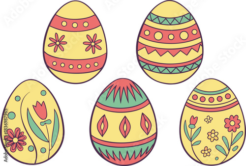 A colorful vector illustration set of Easter eggs with floral patterns and spring holiday symbols