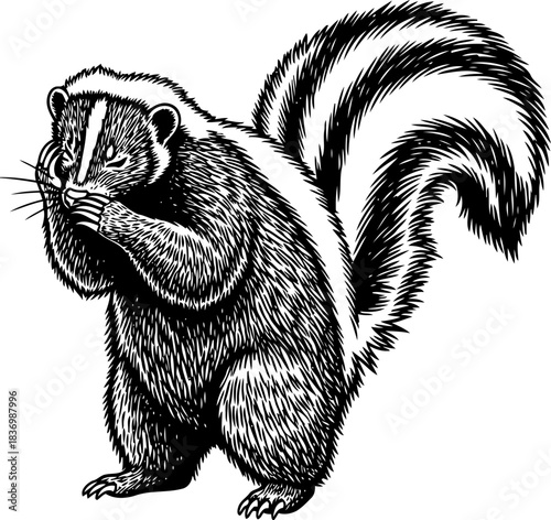 shadowland striker intricately rendered skunk in timeless black and white art, isolated on transparent background