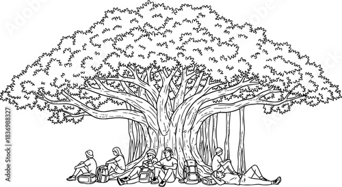 under the ancient canopy a shared sanctuary of serenity and timeless wisdom, isolated on transparent background